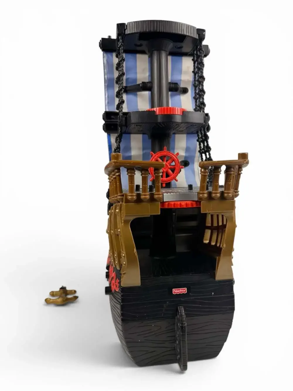 2006 Fisher-Price Imaginext Pirate Ship Toy (Black with Blue and White Sails)